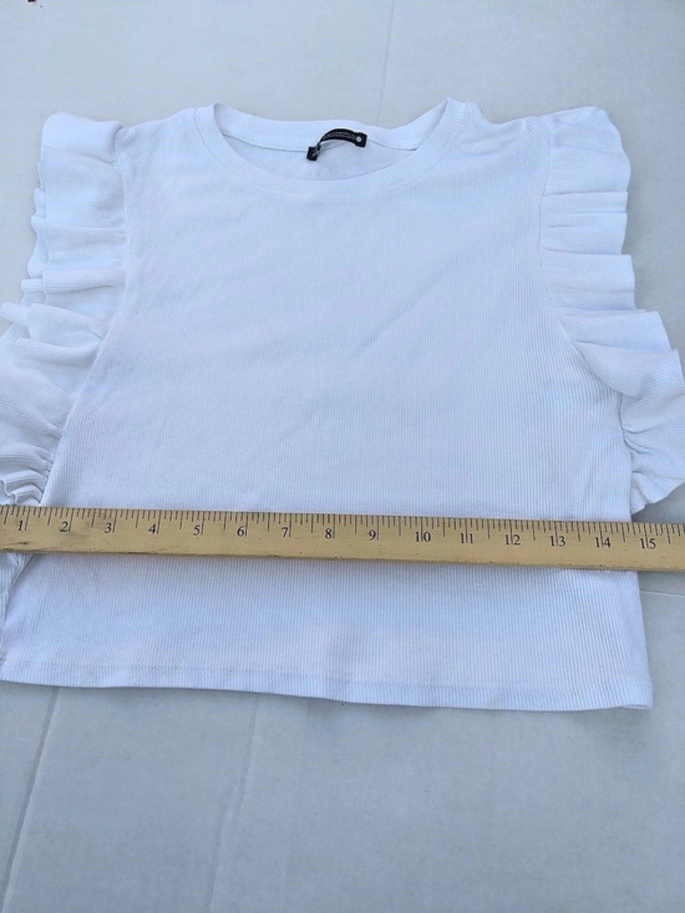 Zara Ribbed Ruffle T-Shirt Ruffle Sleeve Top White Medium - Picture 6 of 8